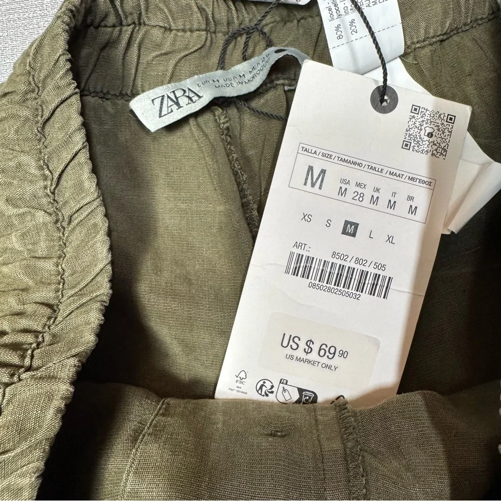 NWT New Zara Olive Marble Linen Blend Chino Pants Size M